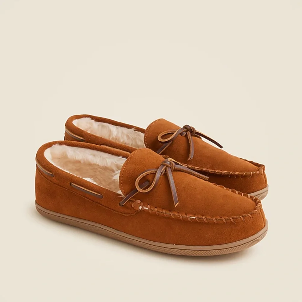 J. Crew Sherpa Lined Suede Brown Moccasin Slippers, Size 12